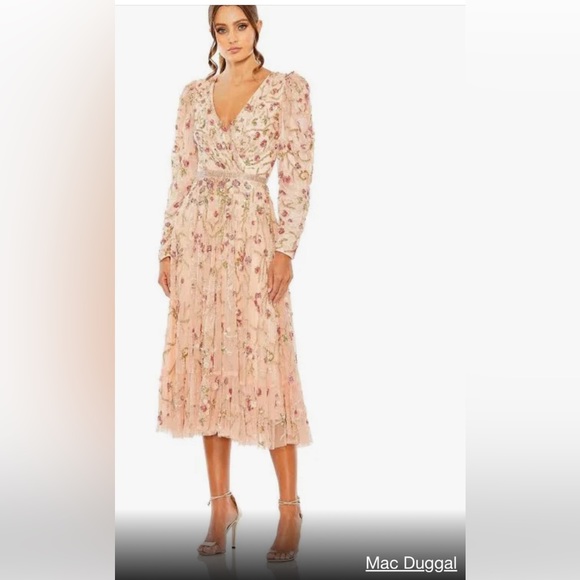 MAC DUGGAL 5580 DRESS. Size 6. Beaded V-Neck Midi Dress - Picture 1 of 8